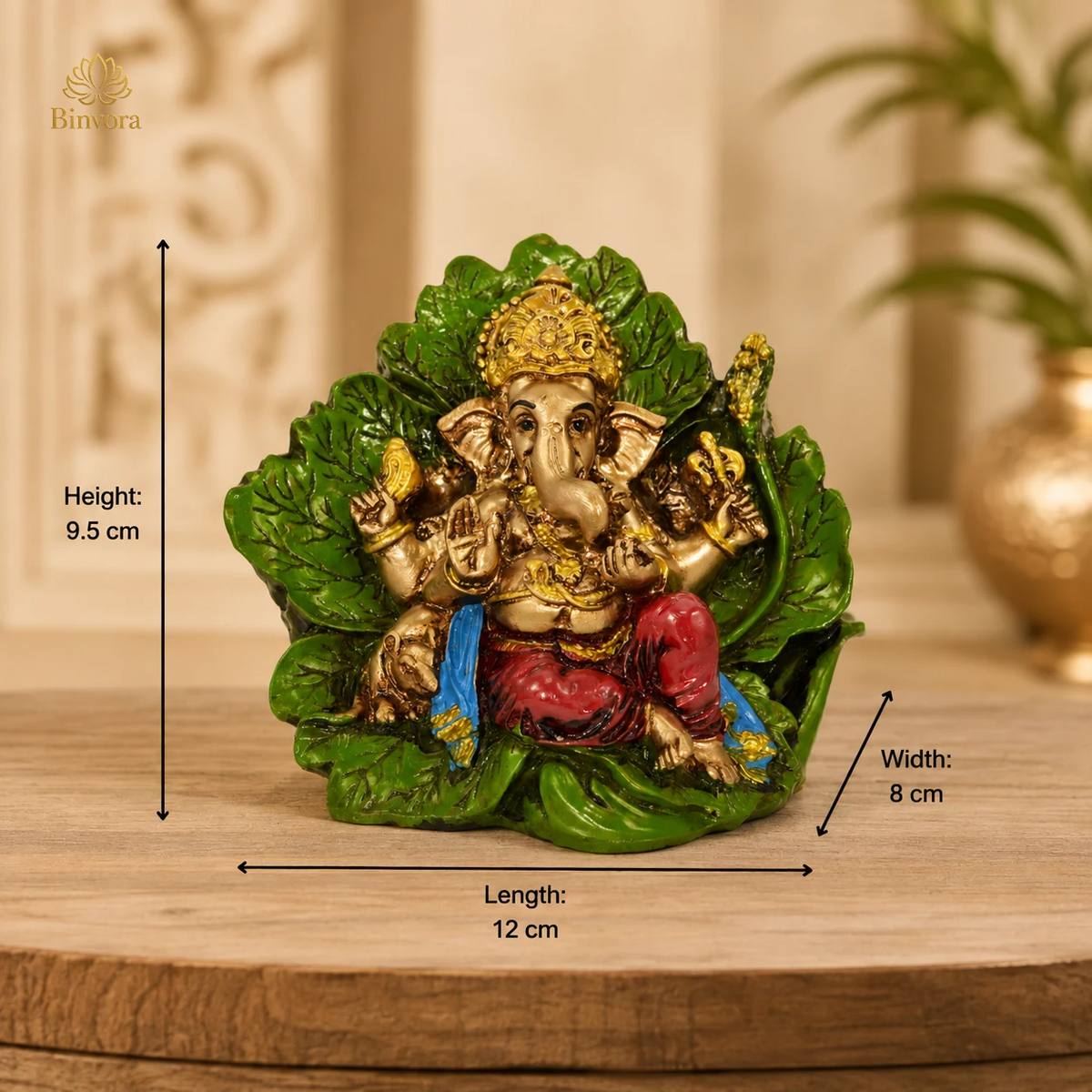 3.7 Inch Lord Ganesha on Leaf Resin Idol – Hand-Painted Ganpati Murti for Home Temple, Office Desk, Vastu Decor & Spiritual Gift