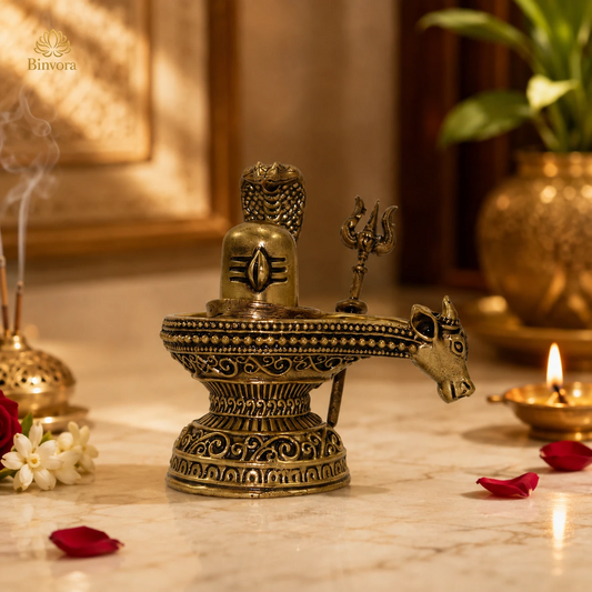 2.3 Inch Antique Brass Nandi Shivling with Serpent & Trishul – Hindu Pooja Murti