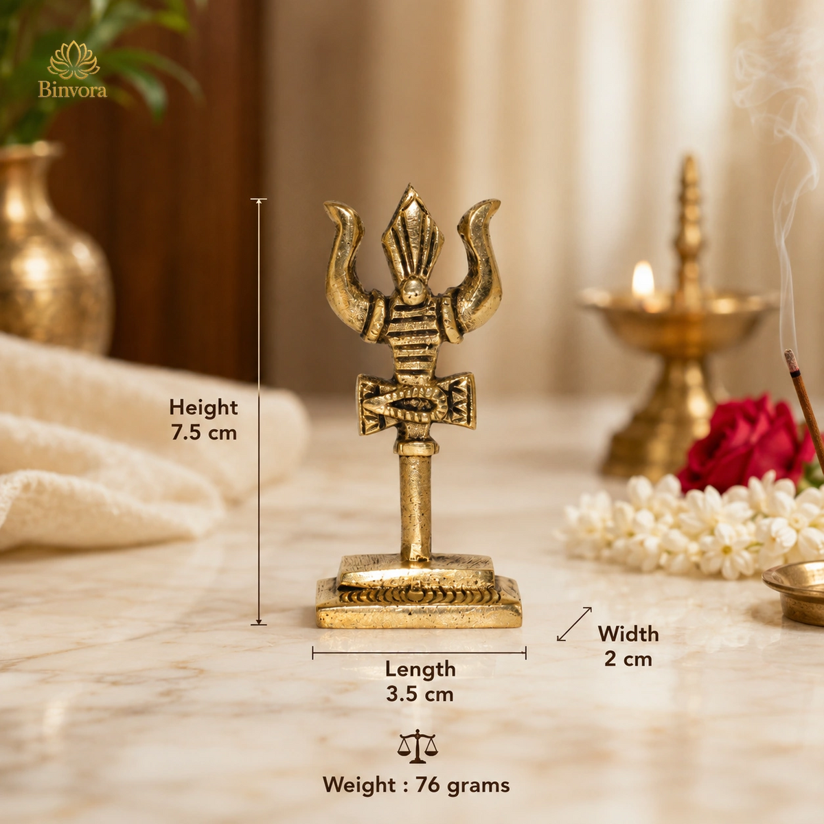 3 Inch Golden Brass Handcrafted Trishul with Damru | Trishul for Pooja Mandir Home Temple