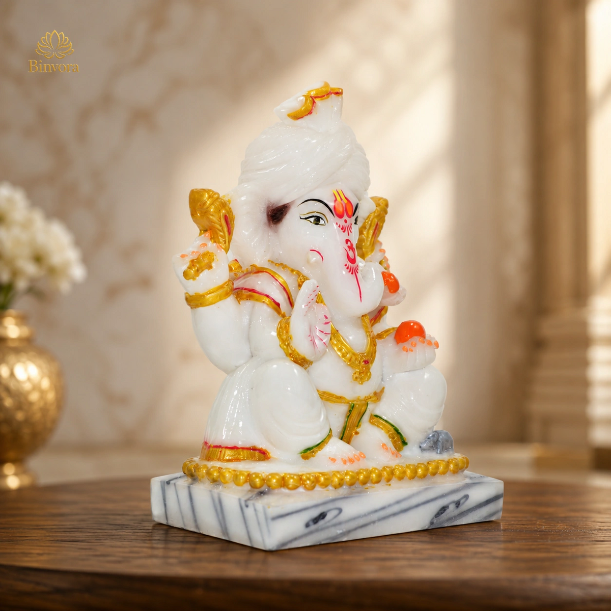 Glossy Dust Marble Ganesha Idol with Base |Home Temple, Pooja Decor, Gifting
