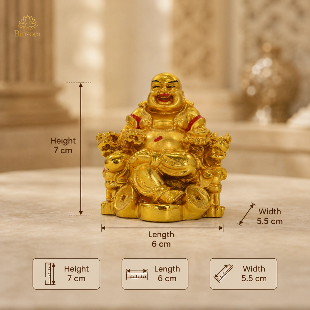 Feng Shui Laughing Buddha Sitting On Chair Ingot, Sitting with Money Coin Statue for Good Luck