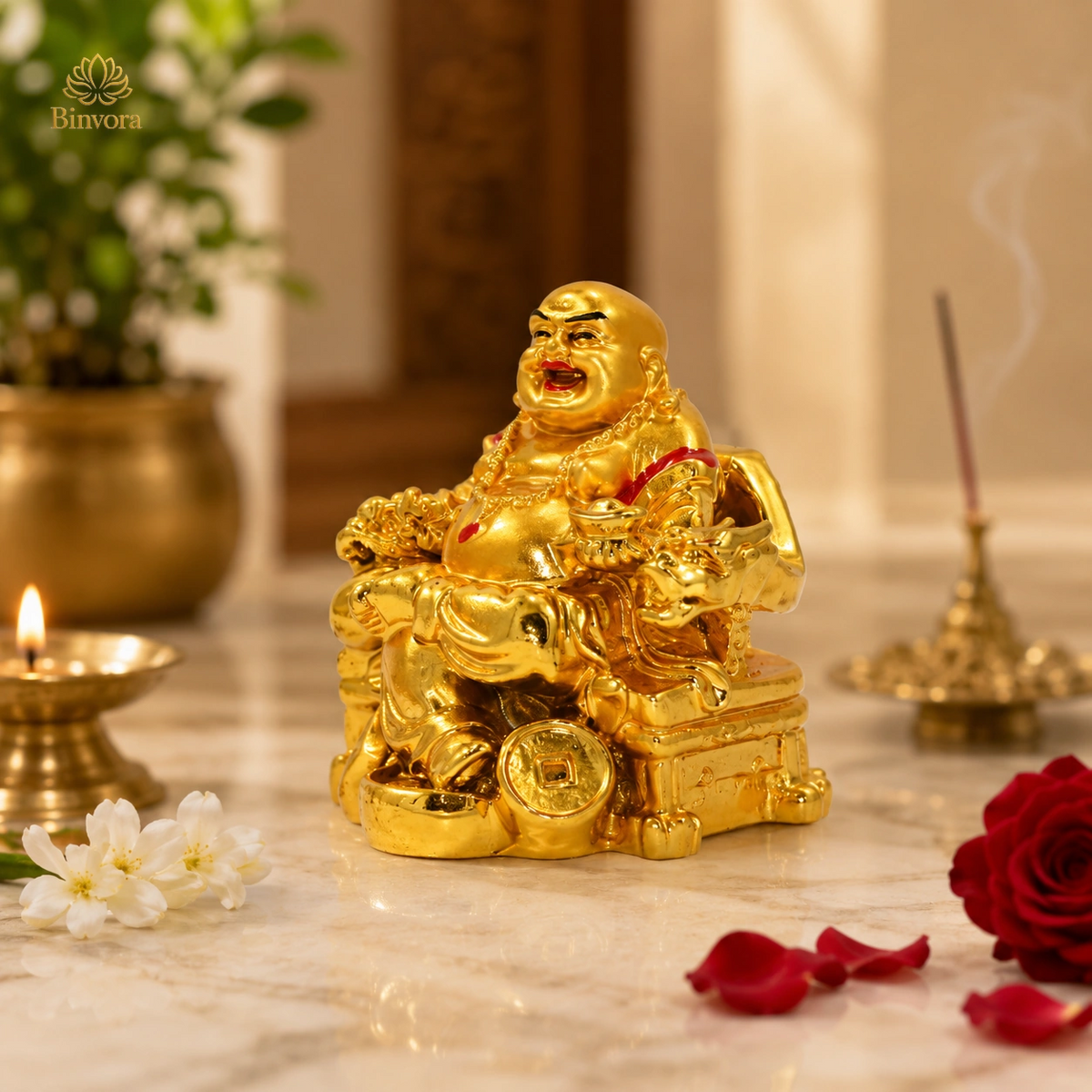 Feng Shui Laughing Buddha Sitting On Chair Ingot, Sitting with Money Coin Statue for Good Luck