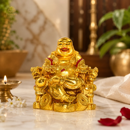 Feng Shui Laughing Buddha Sitting On Chair Ingot, Sitting with Money Coin Statue for Good Luck