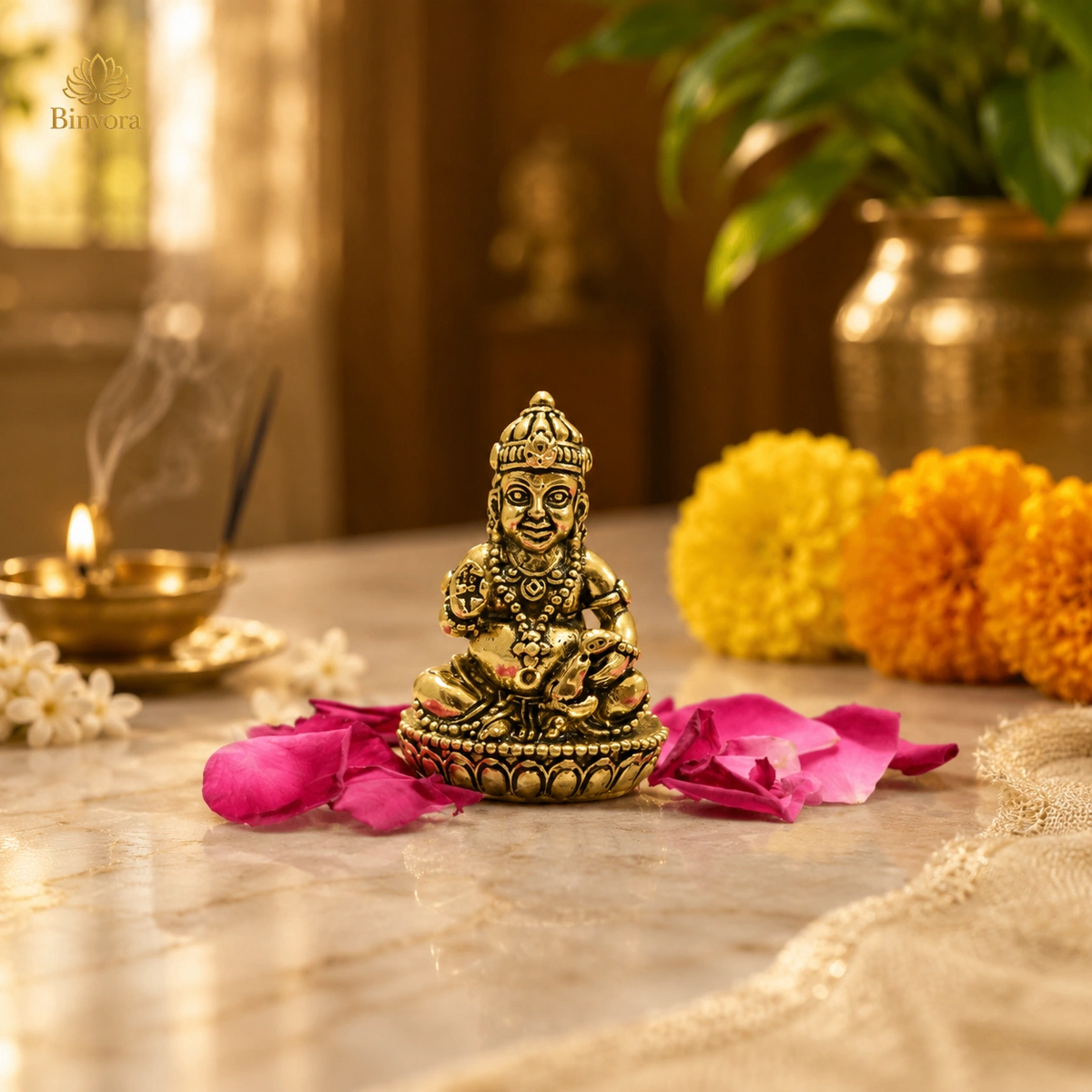 Brass Kubera God Sitting Idol, Lord of Wealth & Prosperity.