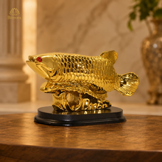 Feng Shui Golden Arowana Fish Figurine with Black Base, Home Decor, Office, Gifting, Good Luck
