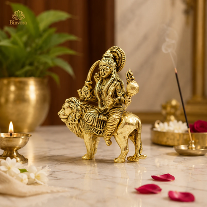 3 Inch Brass Maa Durga Idol on Lion | Hindu Goddess Durga Murti