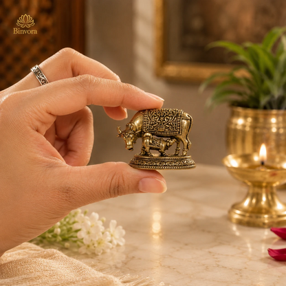 Kamdhenu Cow Brass Idol – Mini Decorative Statue for Prosperity & Home Décor - 3 cm Compact Idol
