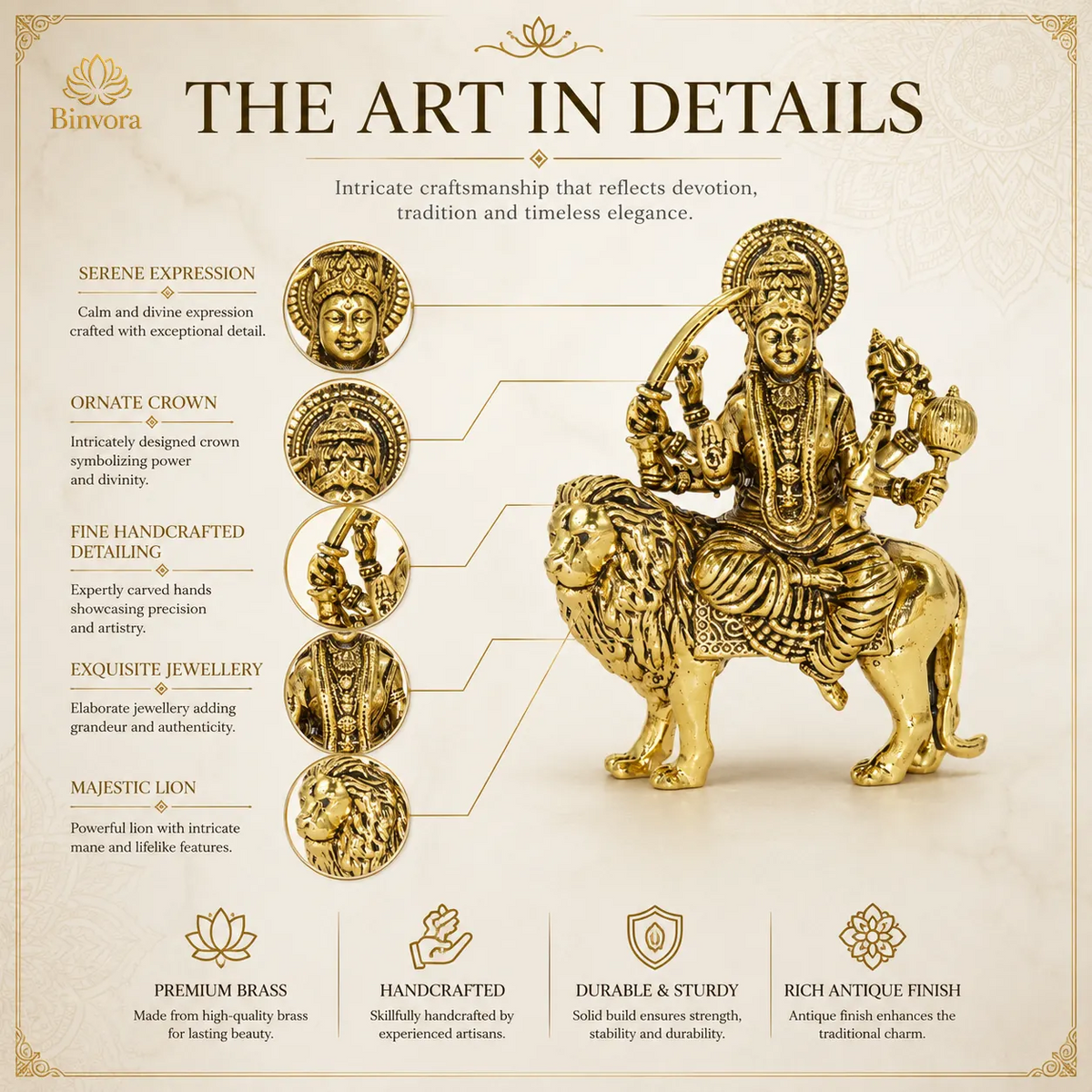 3 Inch Brass Maa Durga Idol on Lion | Hindu Goddess Durga Murti