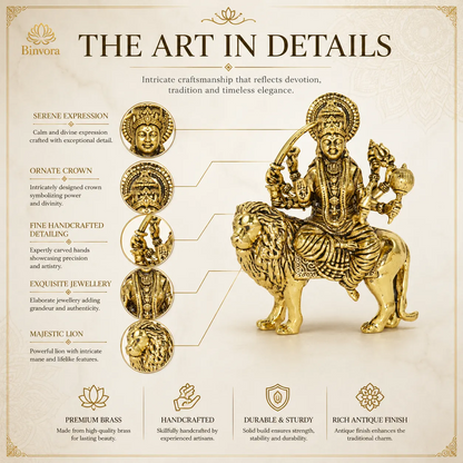 3 Inch Brass Maa Durga Idol on Lion | Hindu Goddess Durga Murti