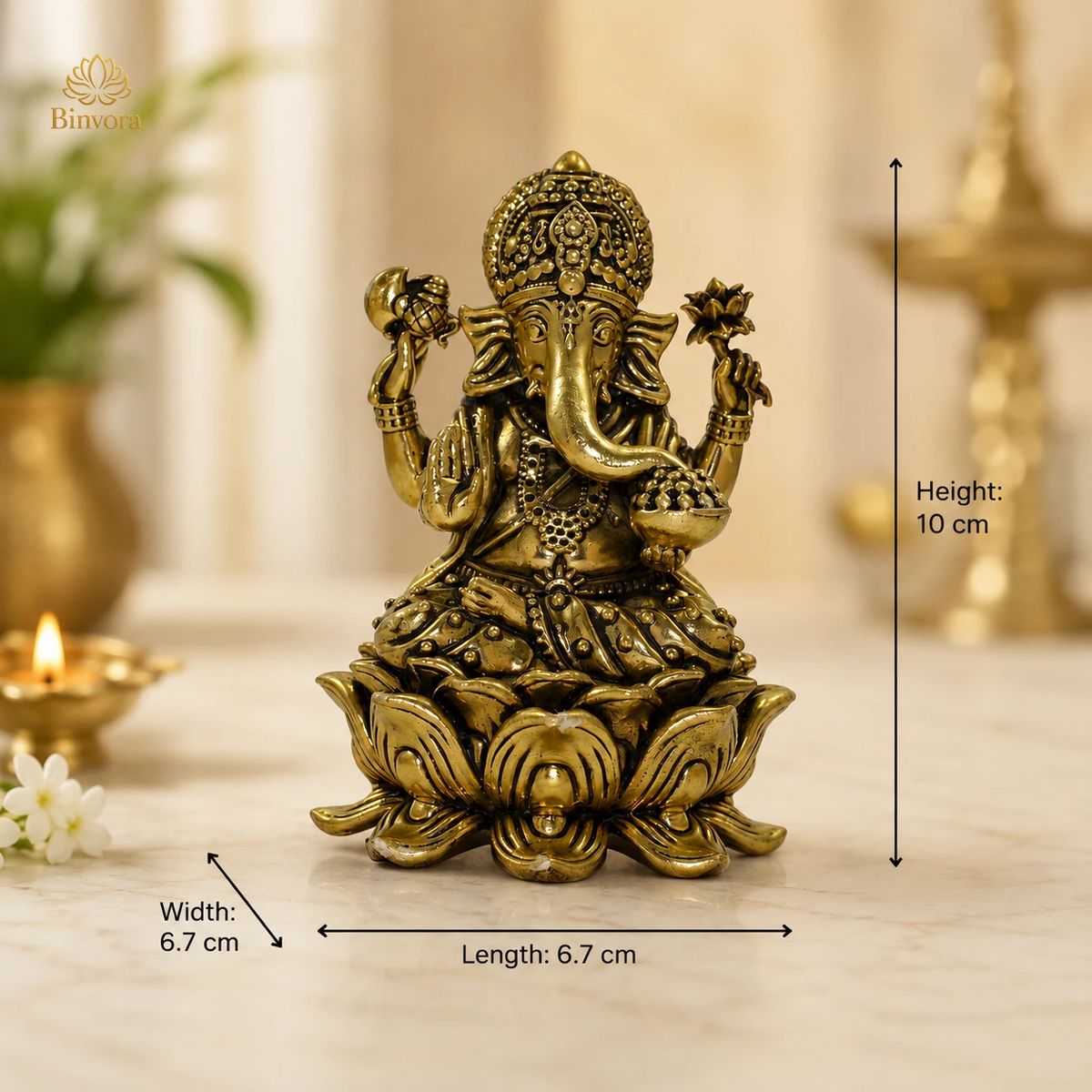 Brass 4 Inch Ganesh Idol - Premium Brass Murti for Mandir, Luxury Home Decor.