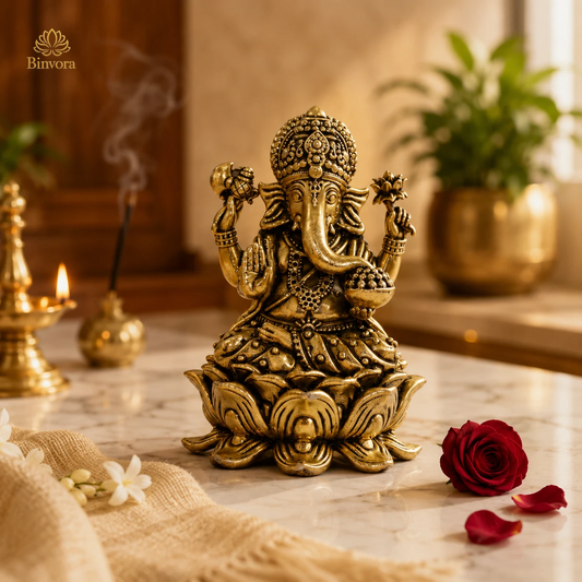 Brass 4 Inch Ganesh Idol - Premium Brass Murti for Mandir, Luxury Home Decor.