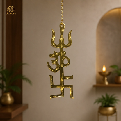 Brass Swastik Om Trishul Trishakti Yantra - Vastu Remedies - Door Entrance - 4 Inches