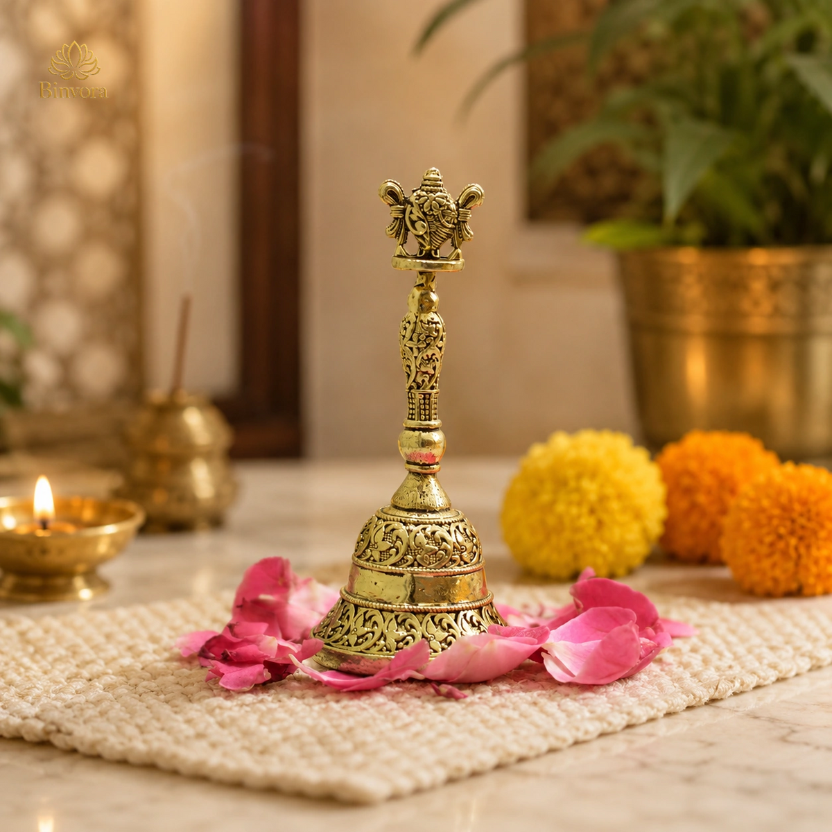 Handcrafted Brass Temple Bell with Shankh – for Home & Temple