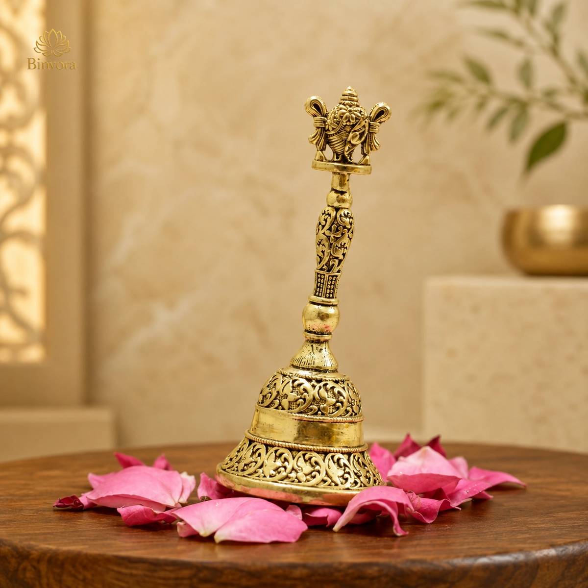 Handcrafted Brass Temple Bell with Shankh – for Home & Temple