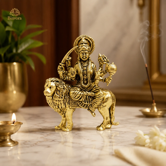 3 Inch Brass Maa Durga Idol on Lion | Hindu Goddess Durga Murti