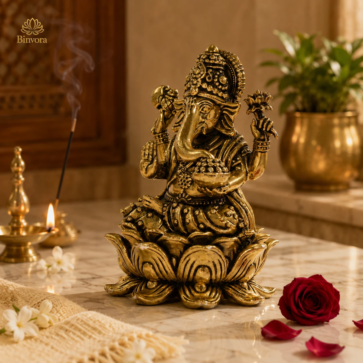 Brass 4 Inch Ganesh Idol - Premium Brass Murti for Mandir, Luxury Home Decor.