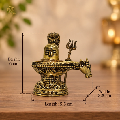 2.3 Inch Antique Brass Nandi Shivling with Serpent & Trishul – Hindu Pooja Murti