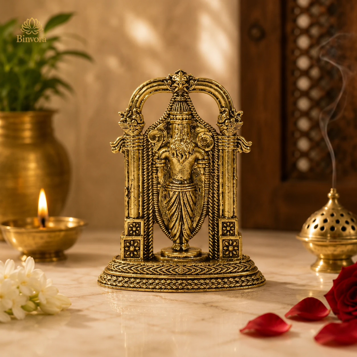 Handcrafted Brass Tirupati Balaji Idol with Ornate Arch | Lord Venkateswara Statue for Home Temple, Pooja, Vastu & Housewarming Gift