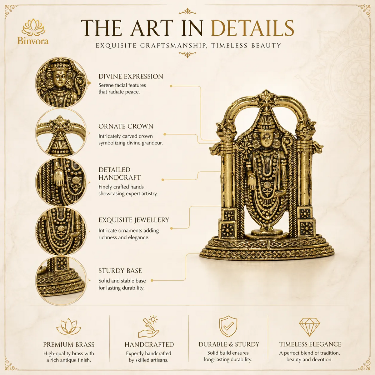 Handcrafted Brass Tirupati Balaji Idol with Ornate Arch | Lord Venkateswara Statue for Home Temple, Pooja, Vastu & Housewarming Gift
