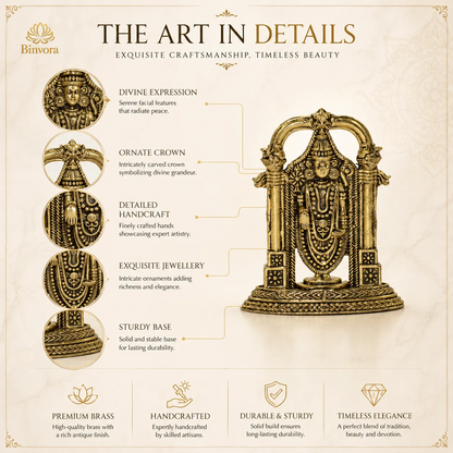 Handcrafted Brass Tirupati Balaji Idol with Ornate Arch | Lord Venkateswara Statue for Home Temple, Pooja, Vastu & Housewarming Gift