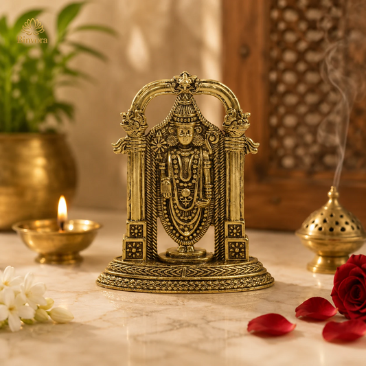 Handcrafted Brass Tirupati Balaji Idol with Ornate Arch | Lord Venkateswara Statue for Home Temple, Pooja, Vastu & Housewarming Gift