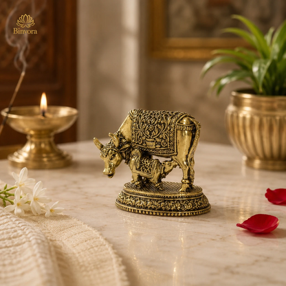 Kamdhenu Cow Brass Idol – Mini Decorative Statue for Prosperity & Home Décor - 3 cm Compact Idol