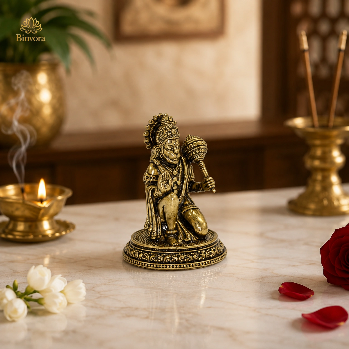 Antique Brass Hanuman Murti for Home Temple, पूजा, Meditation & Spiritual Decor – 3 cm Compact Idol