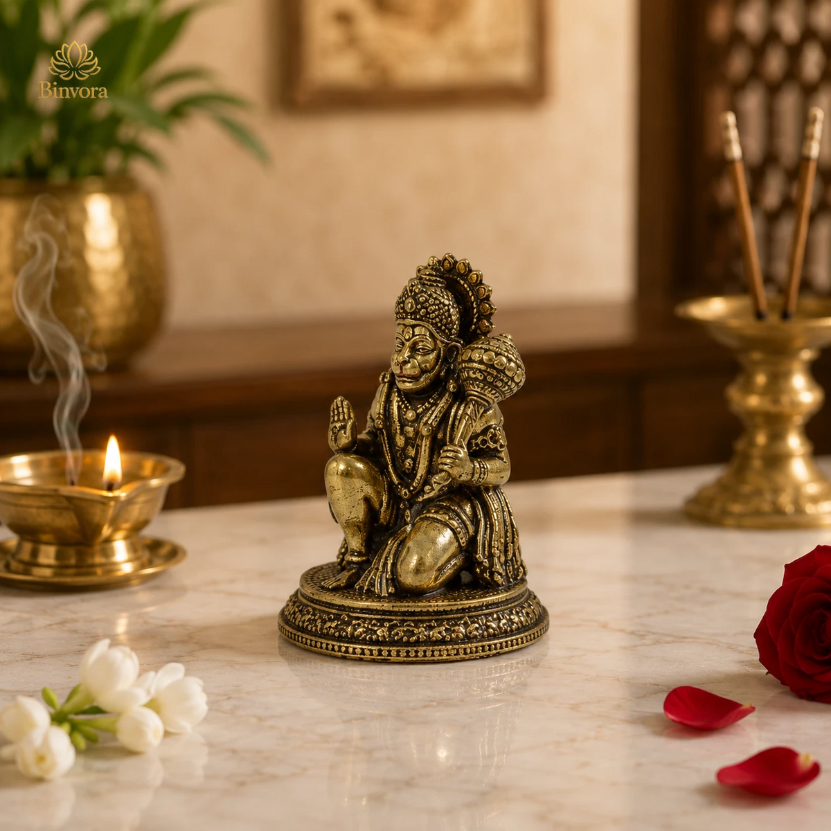 Antique Brass Hanuman Murti for Home Temple, पूजा, Meditation & Spiritual Decor – 3 cm Compact Idol