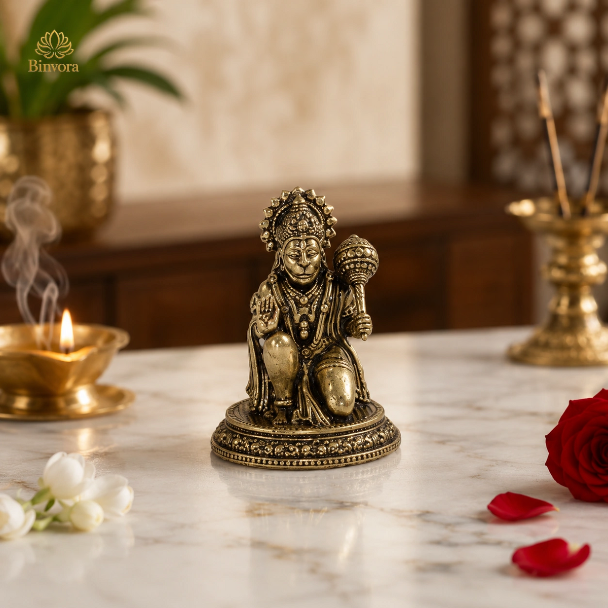 Antique Brass Hanuman Murti for Home Temple, पूजा, Meditation & Spiritual Decor – 3 cm Compact Idol