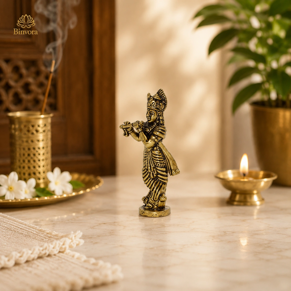 Antique Brass Lord Krishna Flute Idol – Perfect for Pooja, Home Décor & Spiritual Blessings