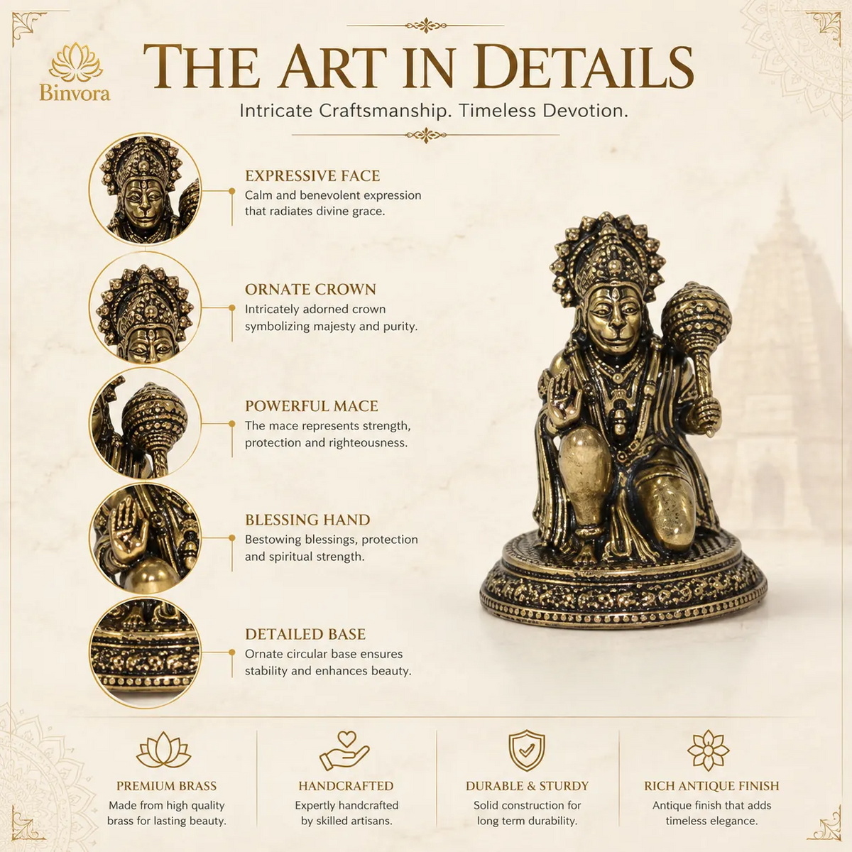 Antique Brass Hanuman Murti for Home Temple, पूजा, Meditation & Spiritual Decor – 3 cm Compact Idol