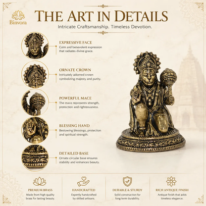 Antique Brass Hanuman Murti for Home Temple, पूजा, Meditation & Spiritual Decor – 3 cm Compact Idol