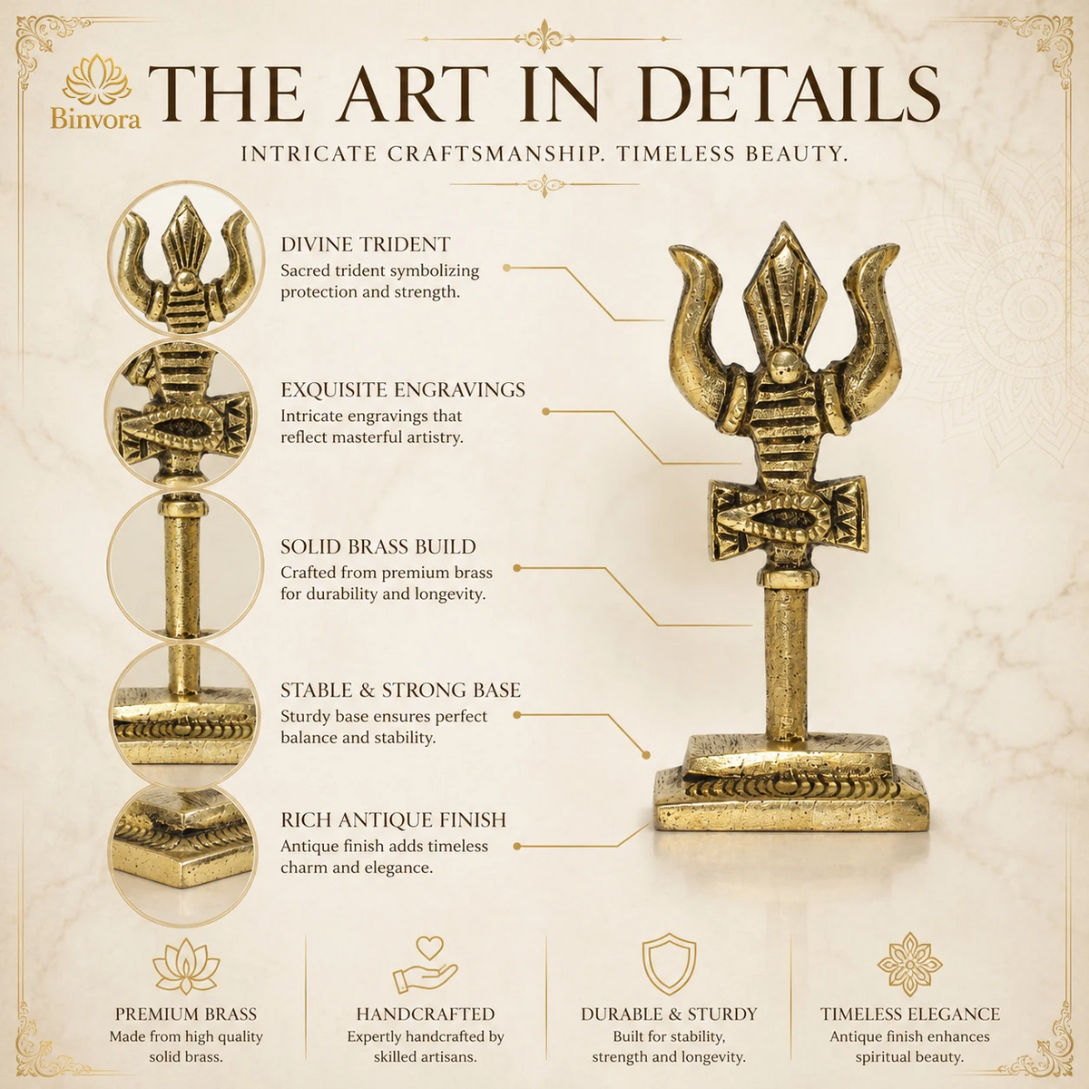 3 Inch Golden Brass Handcrafted Trishul with Damru | Trishul for Pooja Mandir Home Temple