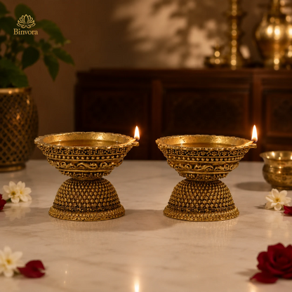 Traditional Brass 1.5 Inch Pedestal Diya with Unique Design for Home Temple & Pooja