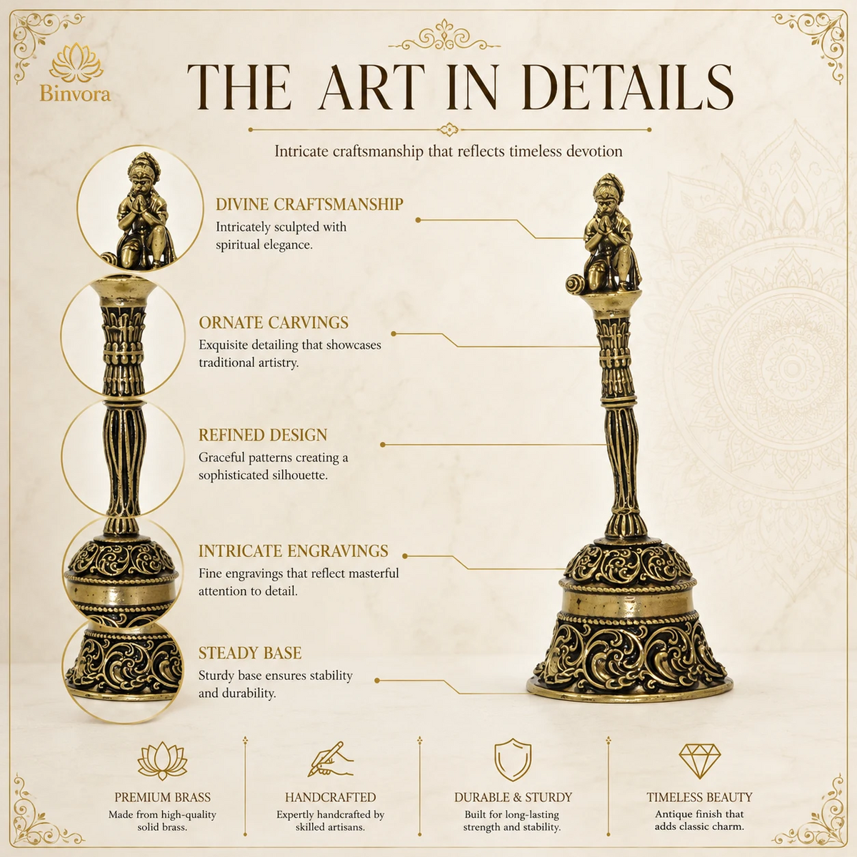 Antique Brass 4 Inch  Lord Hanuman Hand Bell – Traditional Pooja Bell | Spiritual Décor | Gifting.