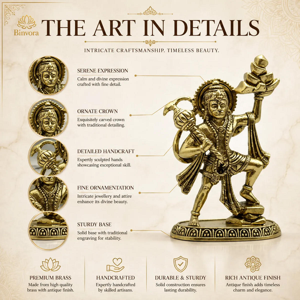 Handcrafted Brass 2.3Inch Lord Hanuman Idol With Sanjeevani Parvat | Bajrangbali Statue for Home Temple, Pooja & Vastu Décor