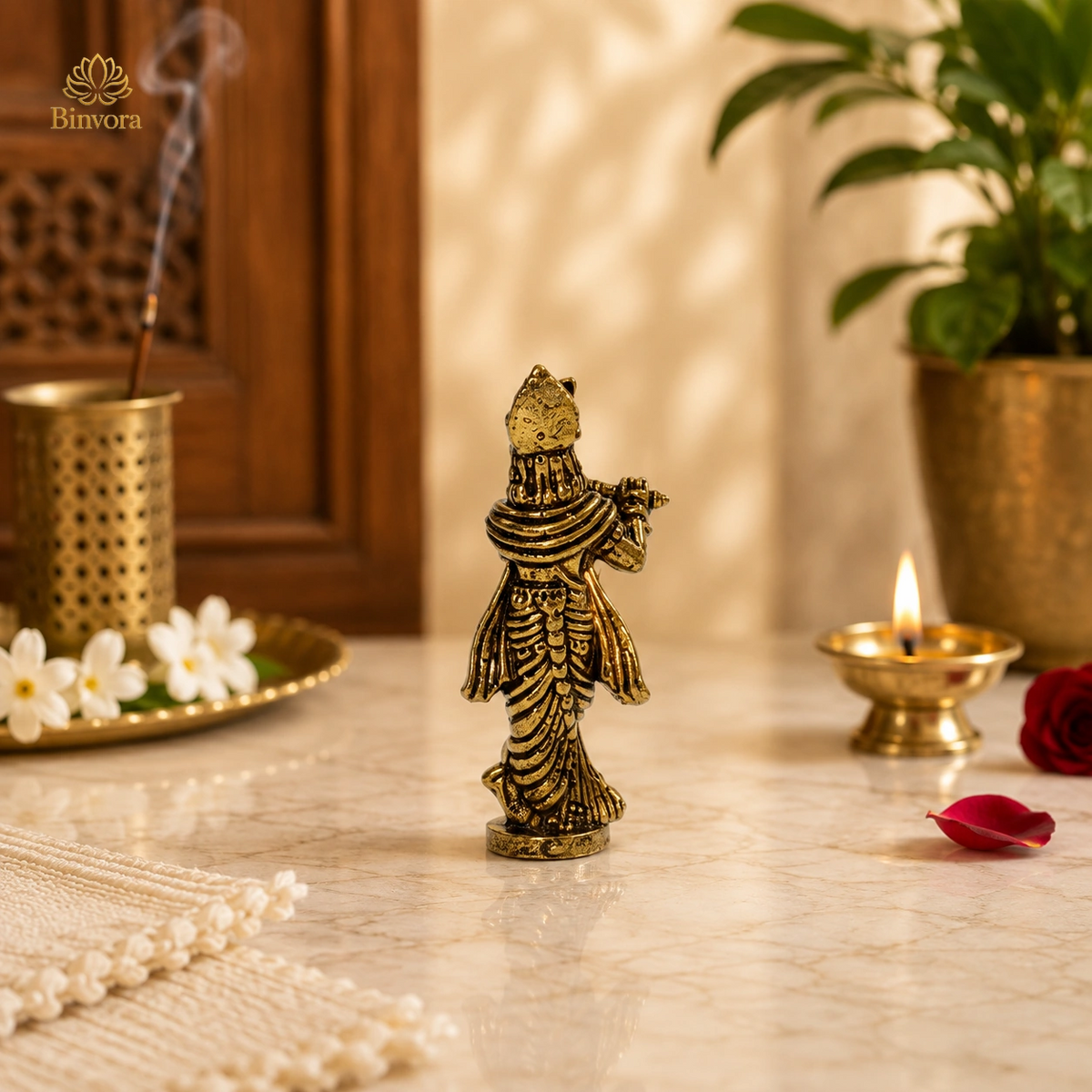 Antique Brass Lord Krishna Flute Idol – Perfect for Pooja, Home Décor & Spiritual Blessings