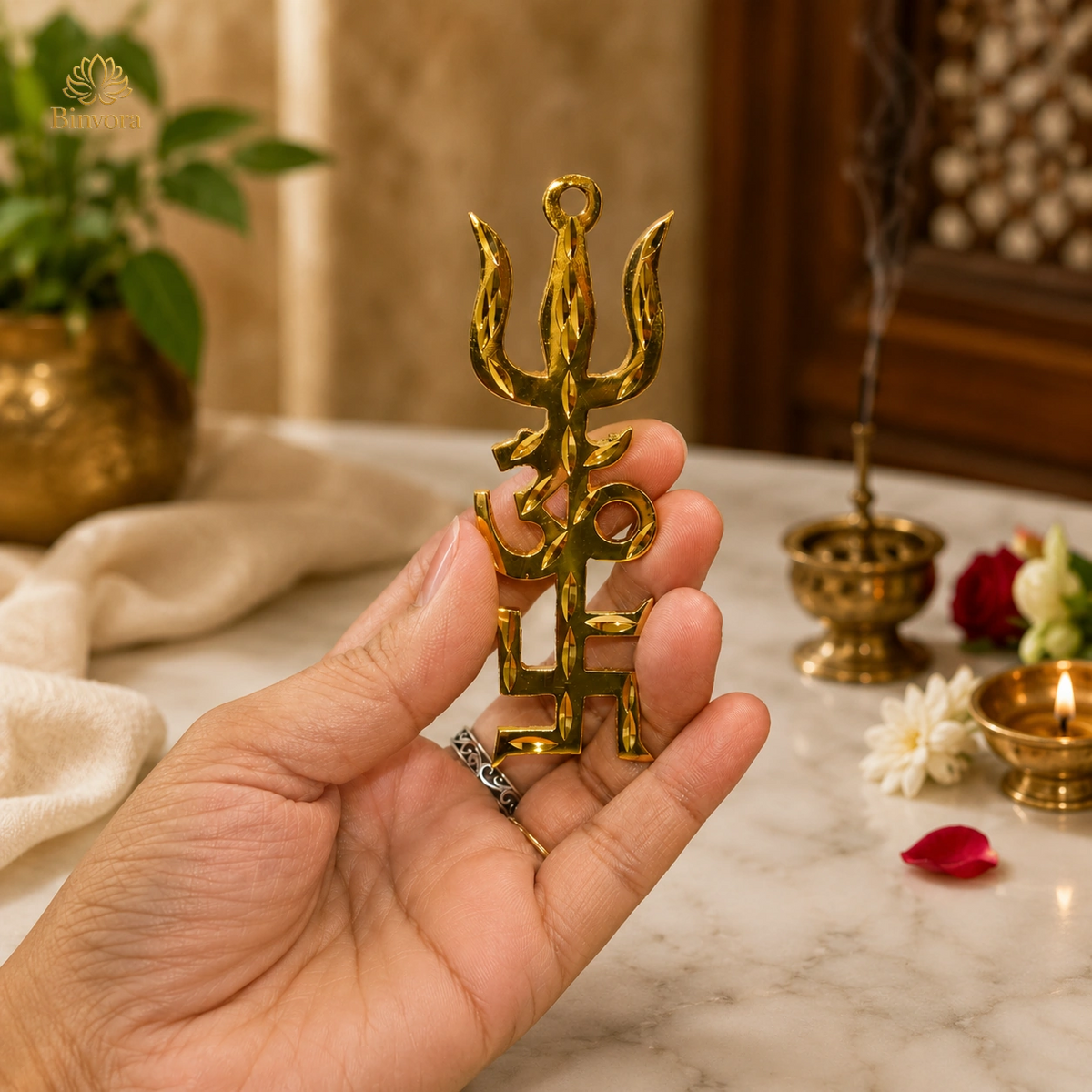Brass Swastik Om Trishul Trishakti Yantra - Vastu Remedies - Door Entrance - 4 Inches