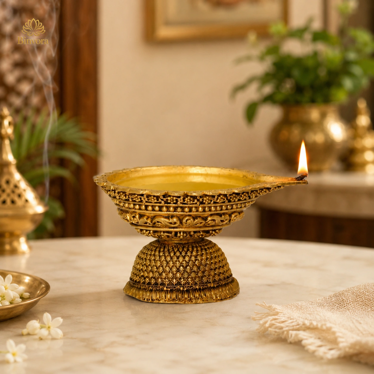 Traditional Brass 1.5 Inch Pedestal Diya with Unique Design for Home Temple & Pooja