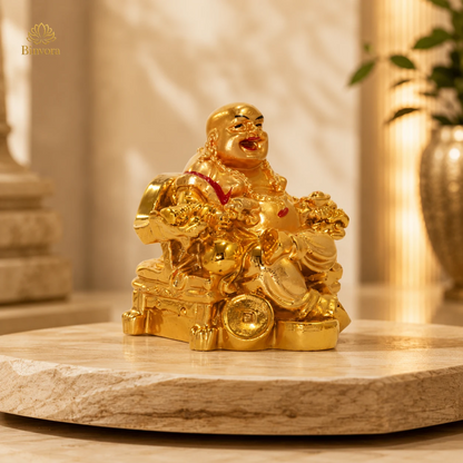 Feng Shui Laughing Buddha Sitting On Chair Ingot, Sitting with Money Coin Statue for Good Luck