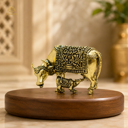 Brass Kamdhenu Cow and Calf Statue | Pital Gau Bachda Murti for Good Luck