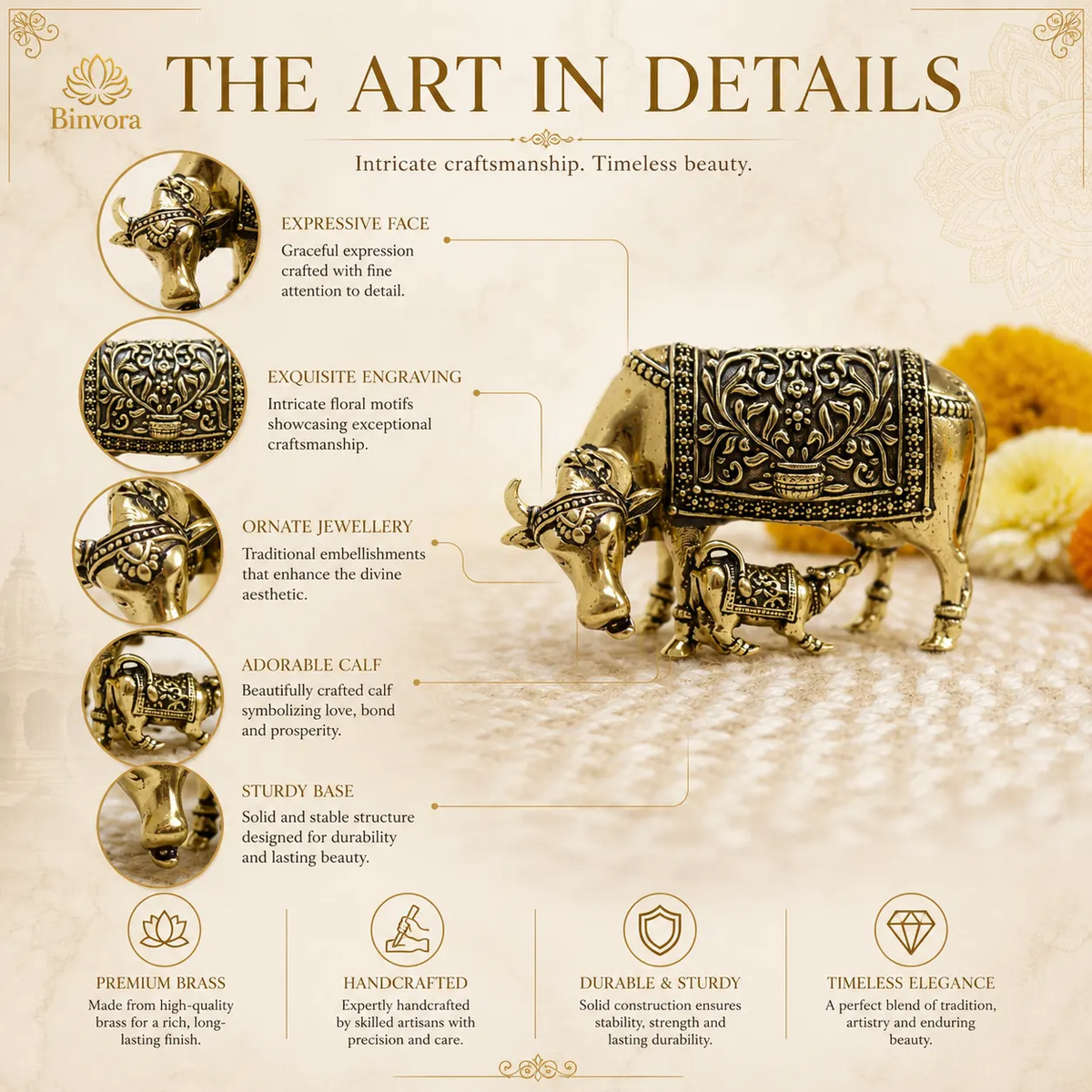 Brass Kamdhenu Cow and Calf Statue | Pital Gau Bachda Murti for Good Luck