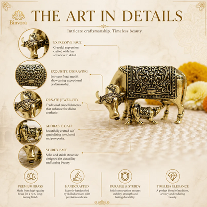 Brass Kamdhenu Cow and Calf Statue | Pital Gau Bachda Murti for Good Luck