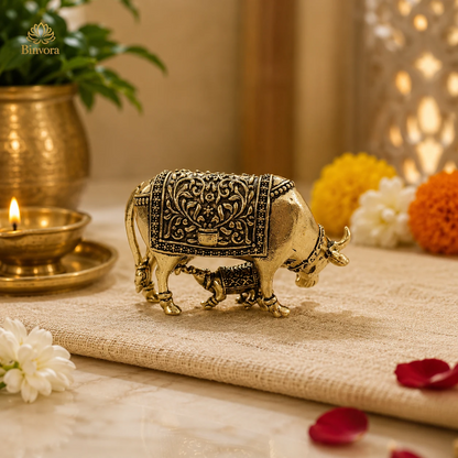 Brass Kamdhenu Cow and Calf Statue | Pital Gau Bachda Murti for Good Luck