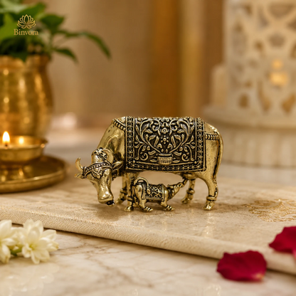 Brass Kamdhenu Cow and Calf Statue | Pital Gau Bachda Murti for Good Luck