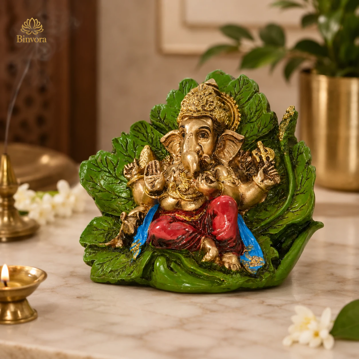 3.7 Inch Lord Ganesha on Leaf Resin Idol – Hand-Painted Ganpati Murti for Home Temple, Office Desk, Vastu Decor & Spiritual Gift