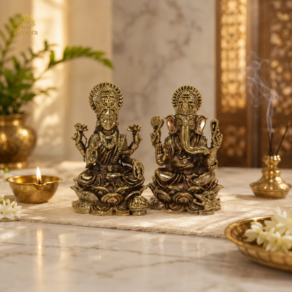 Pure Brass Lakshmi Ganesh Idol on Lotus – Handcrafted Murti for Home Temple, Office Decor, Vastu & Festive Gifting
