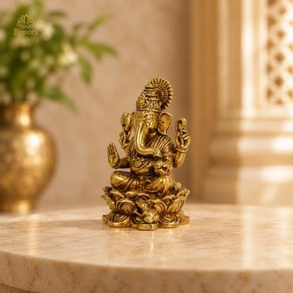 Pure Brass Lakshmi Ganesh Idol on Lotus – Handcrafted Murti for Home Temple, Office Decor, Vastu & Festive Gifting