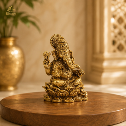 Pure Brass Lakshmi Ganesh Idol on Lotus – Handcrafted Murti for Home Temple, Office Decor, Vastu & Festive Gifting