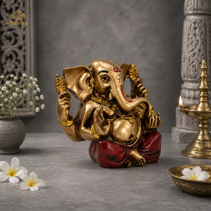 Antique Gold Painted Ganesha Idol (3 Inch) for Pooja Room, Home Decor, Office Desk